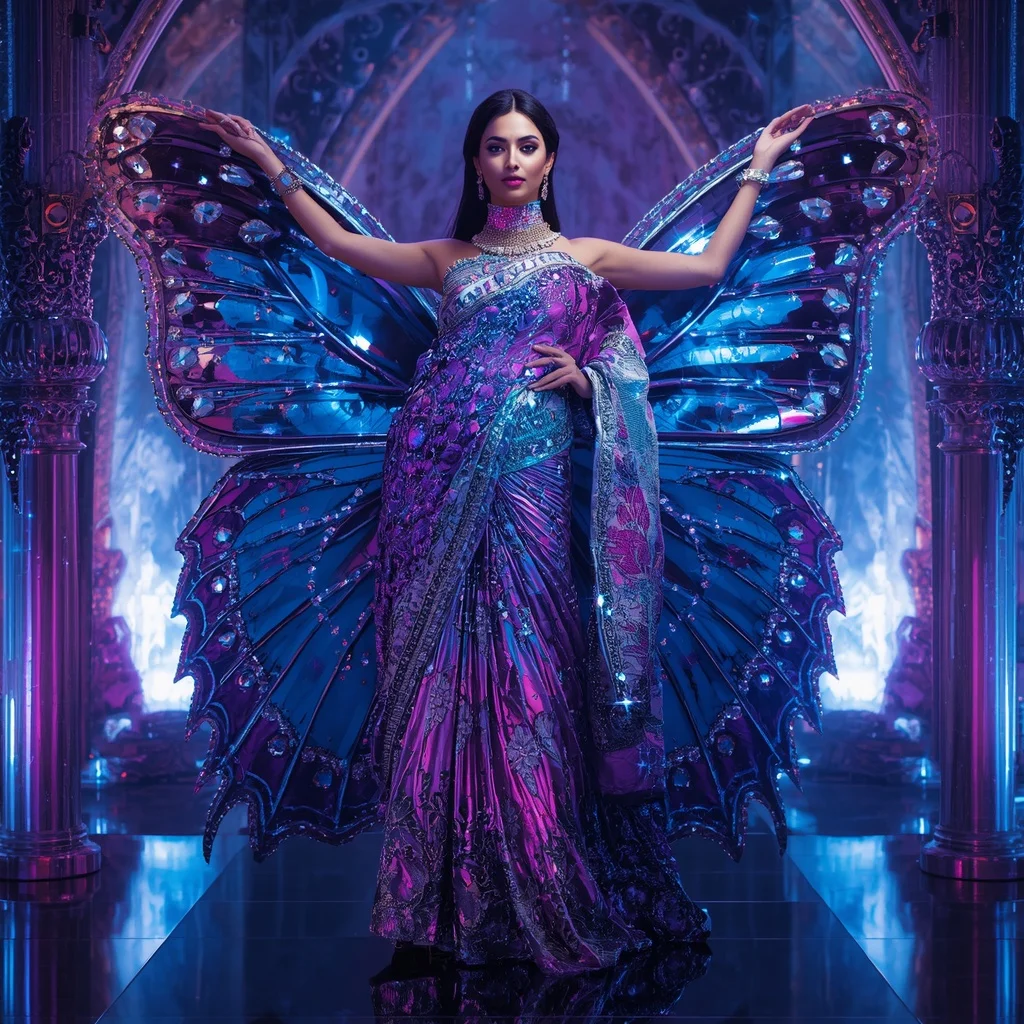 Chrome Butterfly Diamond Palace Saree with Neon Universe Fortress | Trending Prompt Girls Traditional
