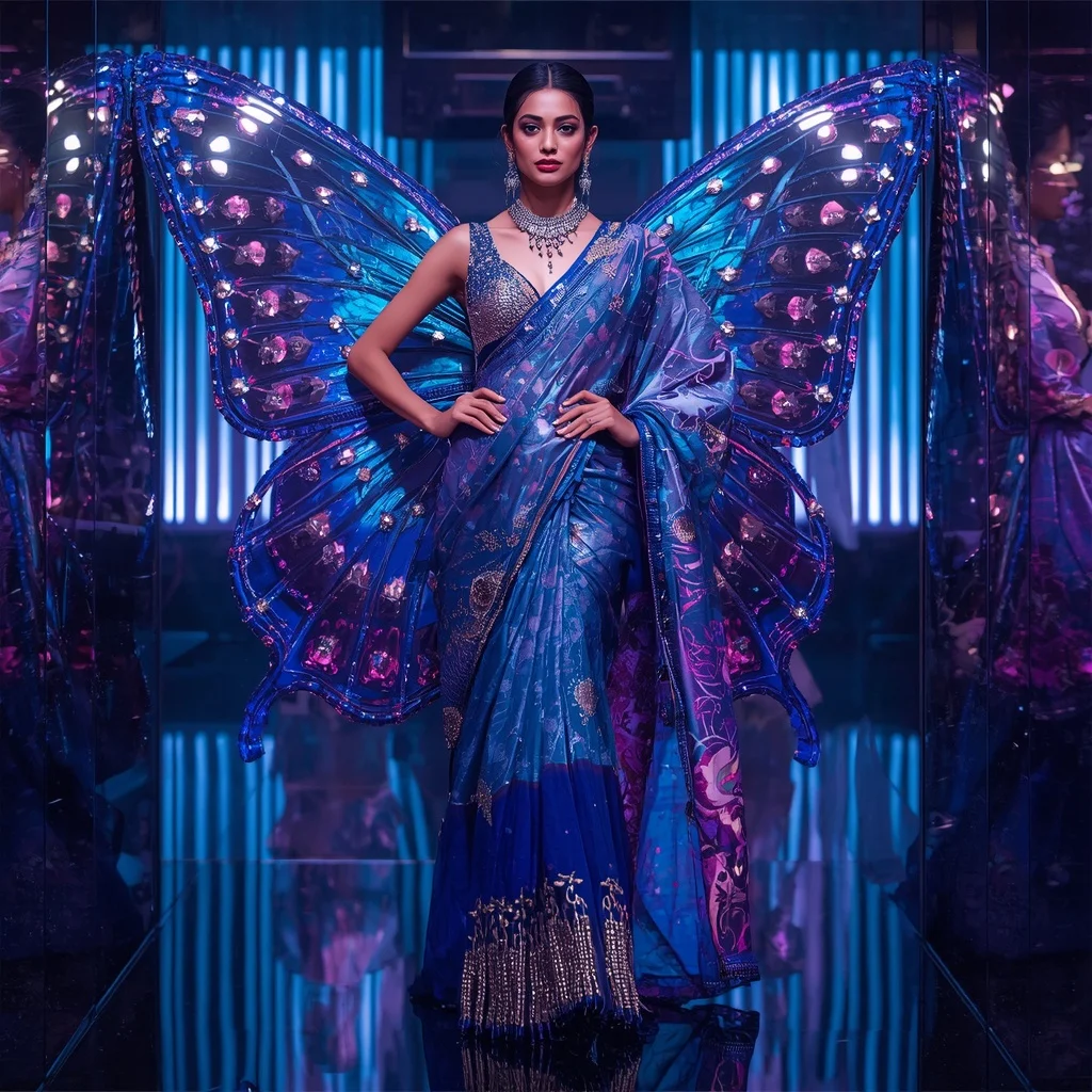 Chrome Butterfly Sapphire Palace Saree with Neon Universe Kingdom | Korean Ai Prompt