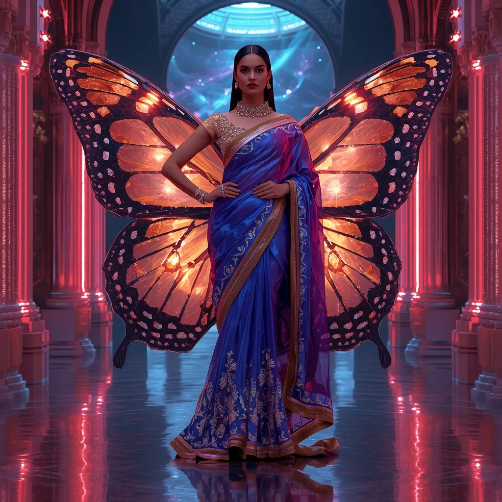 Chrome Butterfly Solar Palace Saree with Neon Universe Fortress | Prompt Chatgpt