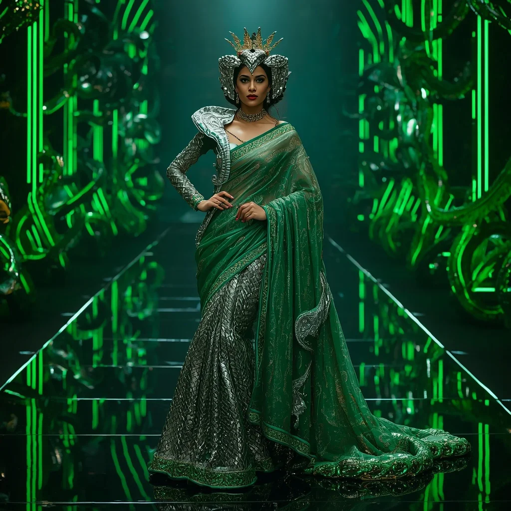 Chrome Cobra Crown Saree with Neon Snake Reflection Kingdom | Saree Dp Ai Prompt