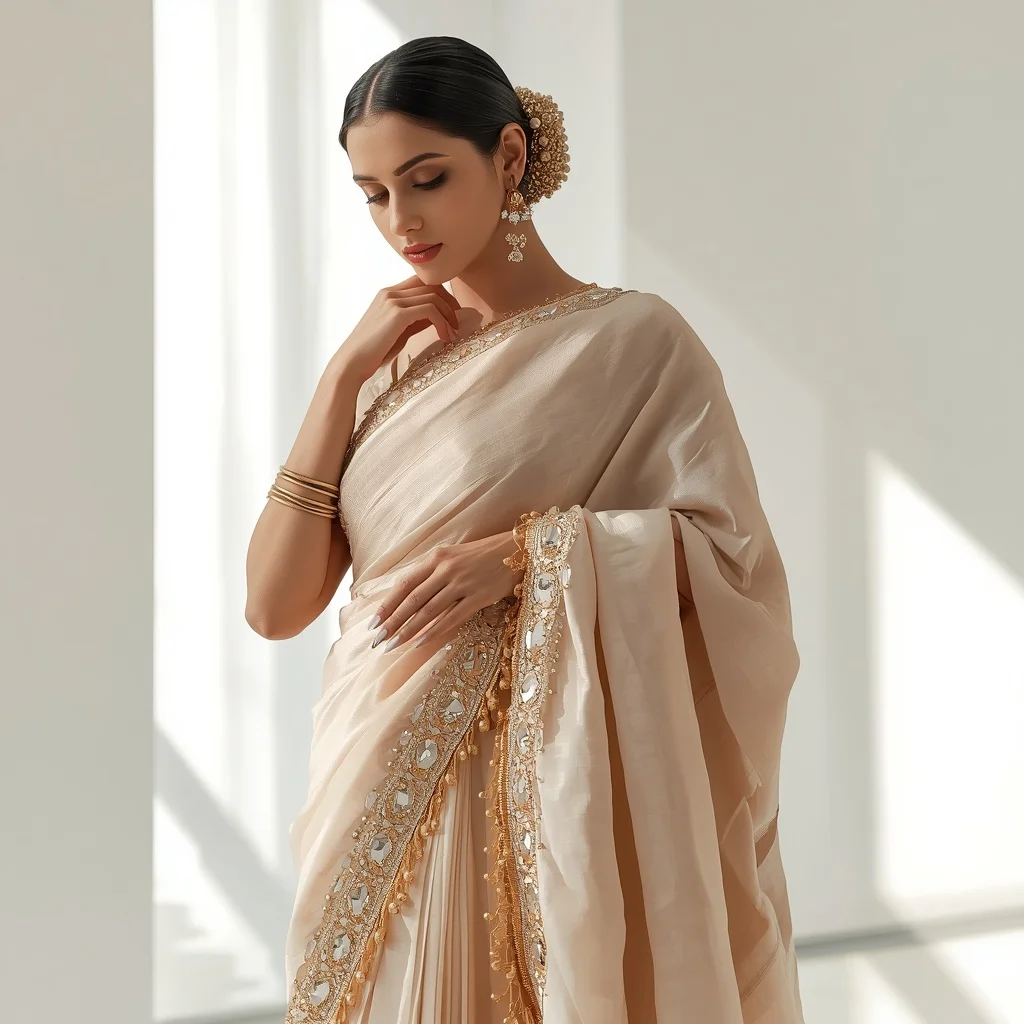 Chunky Glass Stonework Champagne Tissue Silk Saree | Elegantly Adjusting Pallu Pose | Trending Prompt In Instagram Ai Photo Girls
