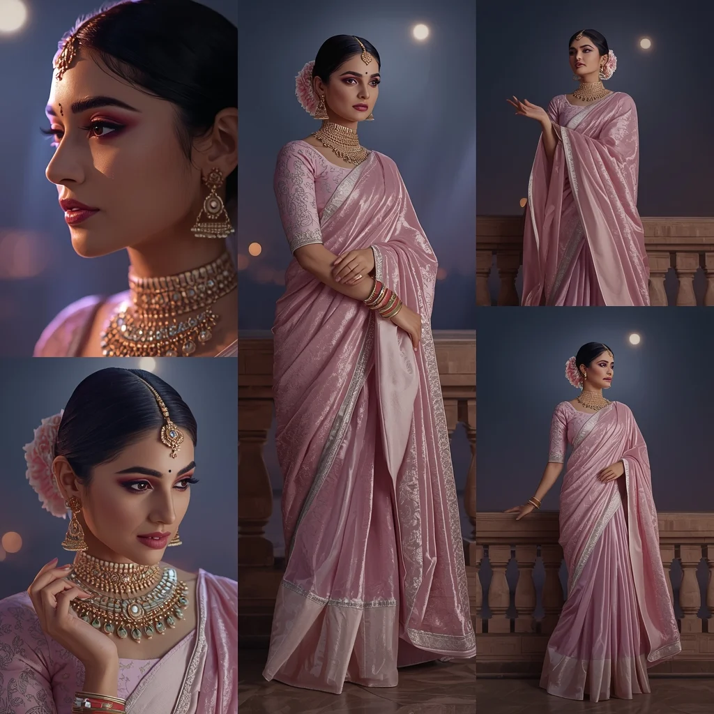 Cinematic Luxury Pastel Saree Image Prompt for Women with Moonlit Velvet Glow and Royal Drama | Gemini Ai Saree Photo