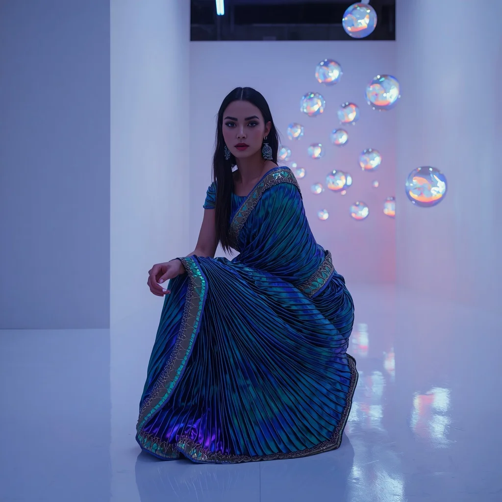 Color-Shifting Peacock Metallic Liquid Saree for Avant-Garde Poses | New Instagram Trend Prompt For Girl Aesthetic