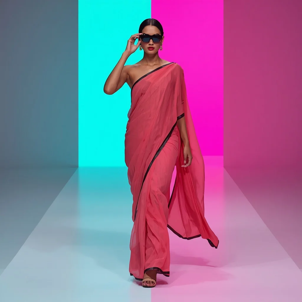 Coral Chiffon Leather-Trim Saree – Runway Power Walk with Split Neon Wall | Prompt Seen Girl Lehenga