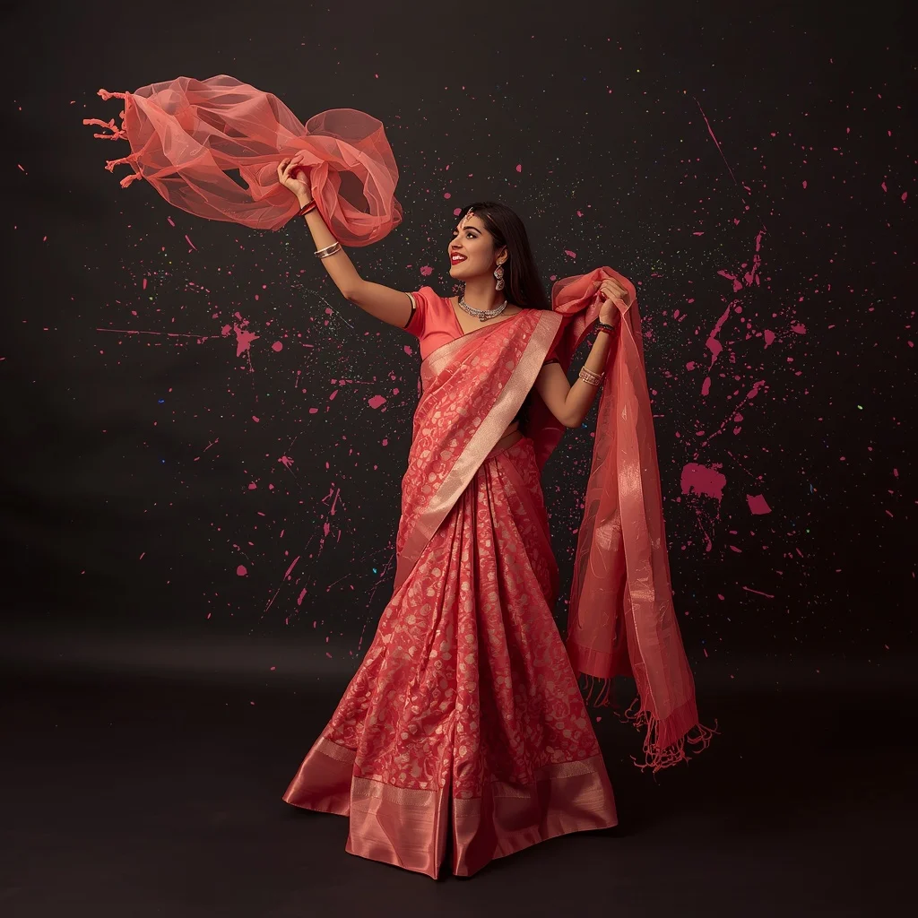 Coral Crushed Metallic Saree – Playful Fabric Catch with Abstract Neon Splatter | Instagram Viral Photo Ai Prompt