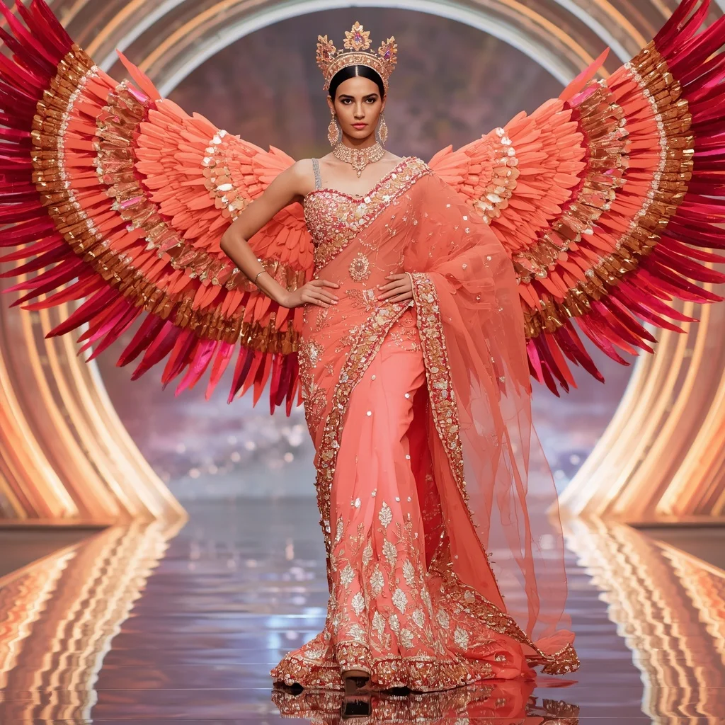 Coral Flamingo Crown Saree with Crystal Wing Infinity Megadome | Bridal Ai Prompt