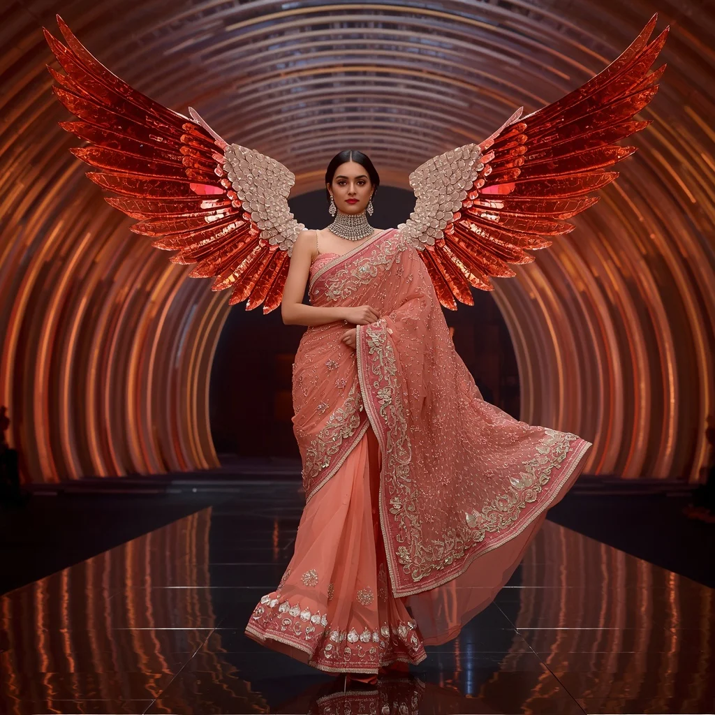 Coral Flamingo Royale Saree with Crystal Wing Infinity Dome | Editing Prompt Girl Aesthetic