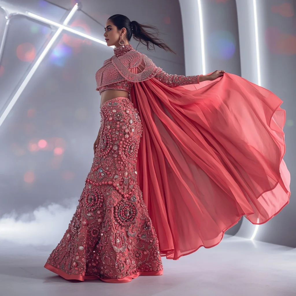 Coral Pink Ultra-Heavy Jeweled Cape Saree with Dramatic Side Wind Pose | Chatgpt Prompt