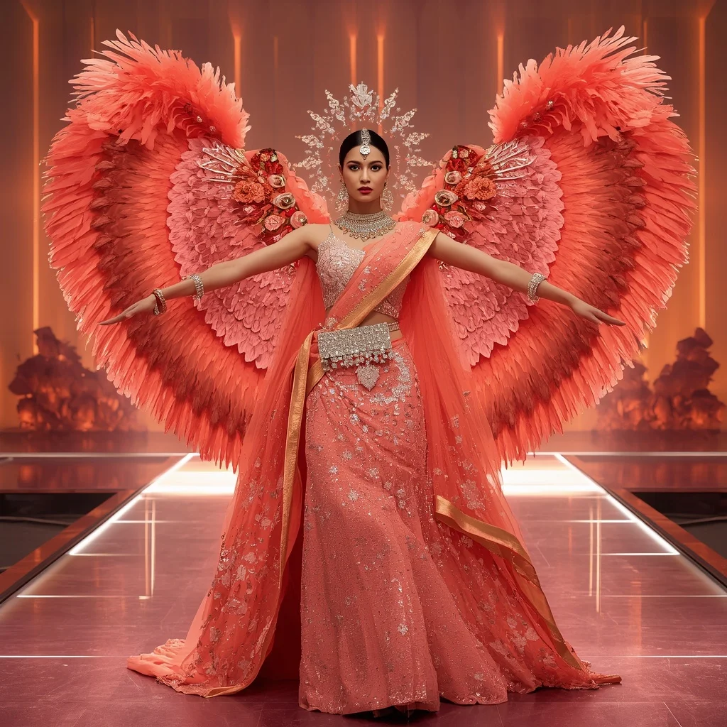 Coral Sunset Maharani Saree with Crystal Horizon Palaces and Sky Lagoon Kingdom | Editing Prompt Girl Aesthetic