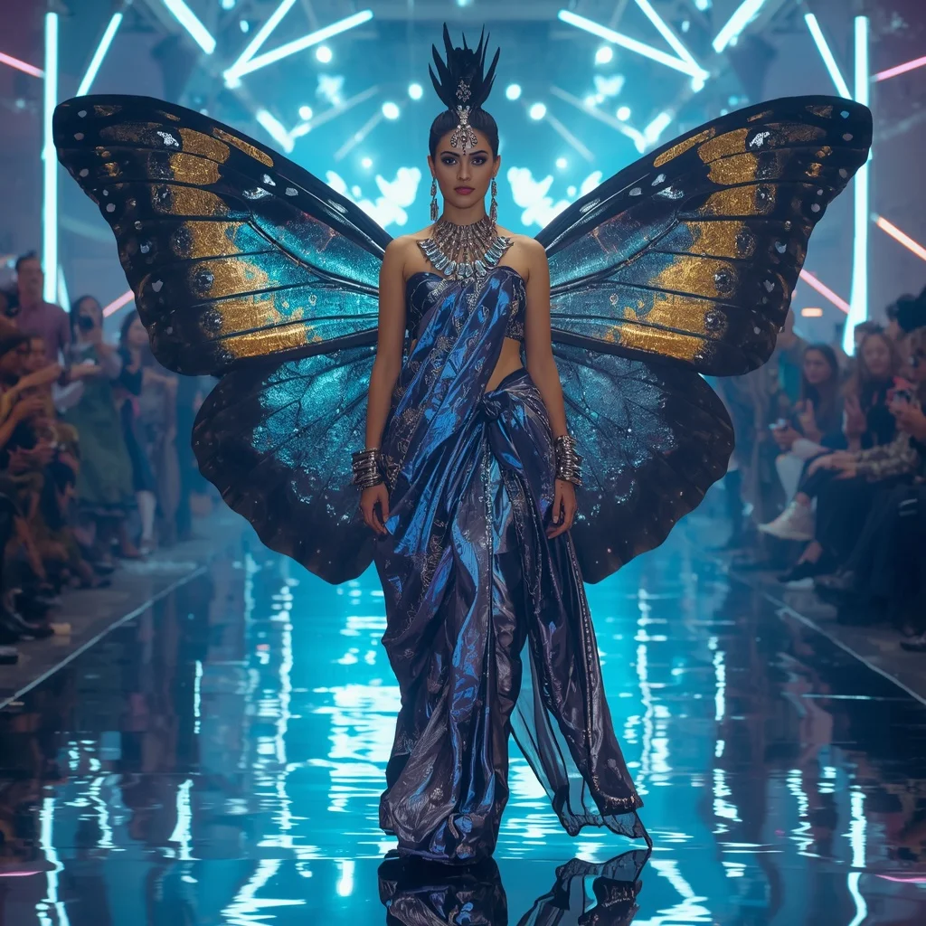 Cosmic Butterfly Warrior Saree Motion Editorial with Neon Arena Background | Prompt Engineering