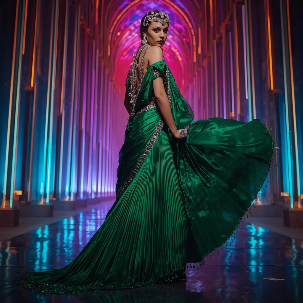 Cosmic Emerald Queen Saree with Neon Reflection Galaxy Cathedral | Lighting Ai Prompt