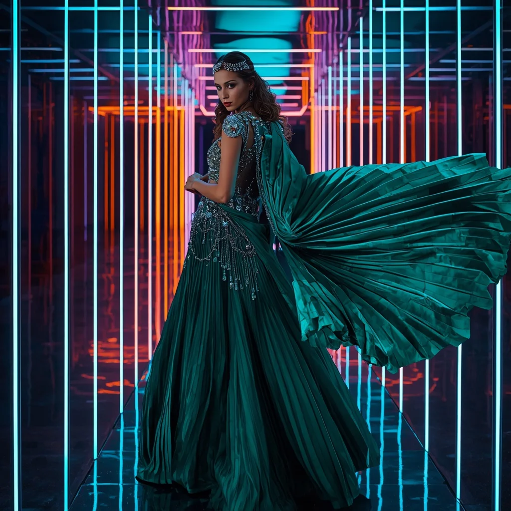 Cosmic Emerald Queen Saree with Neon Reflection Galaxy Hall | Trending Prompt Girls Traditional