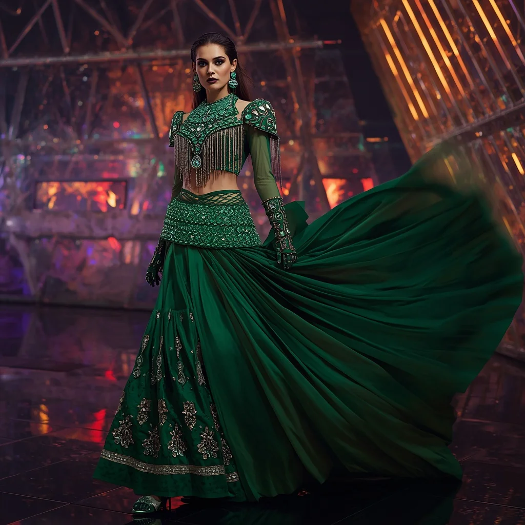 Cosmic Emerald Queen Saree with Neon Reflection Galaxy Observatory | Prompt For Girl Photo Editing