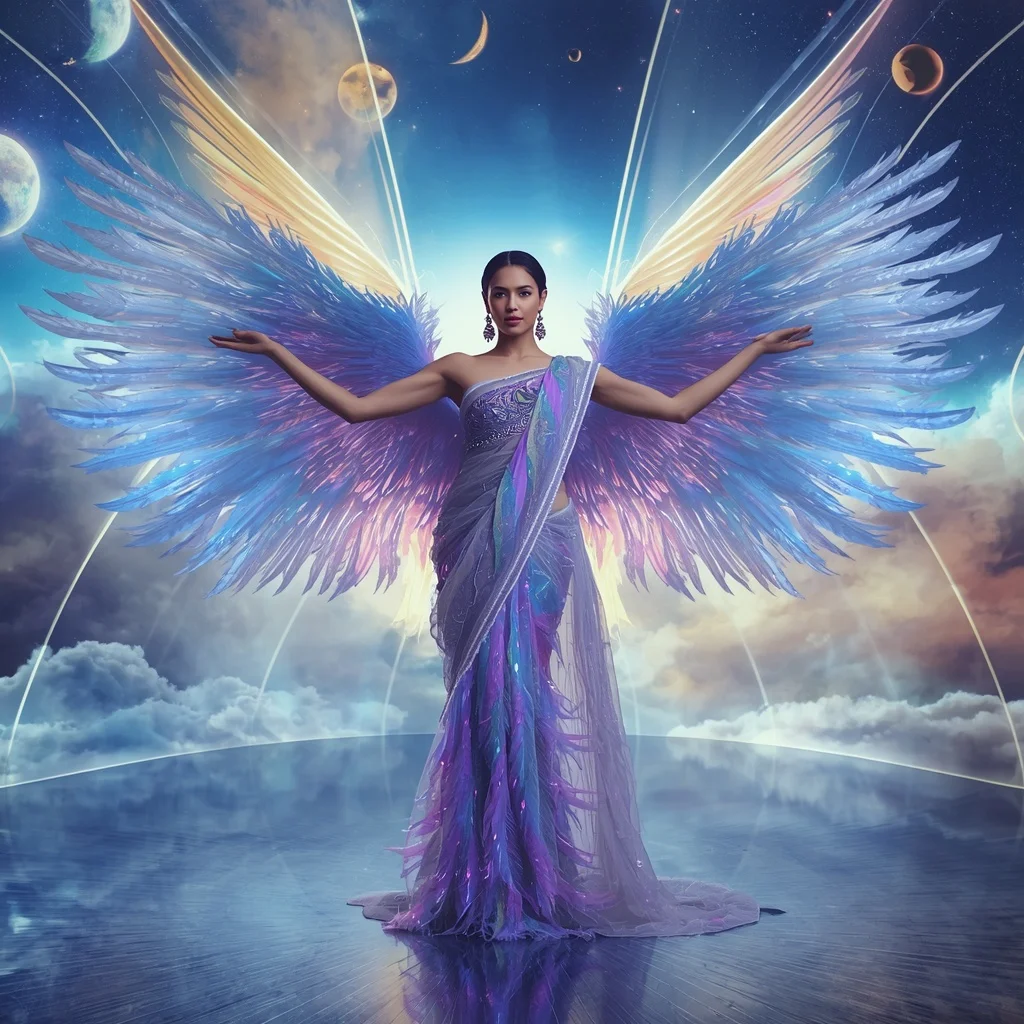 Cosmic Feather Plasma Saree with Sky Energy Wings | Cinematic Ai Prompt