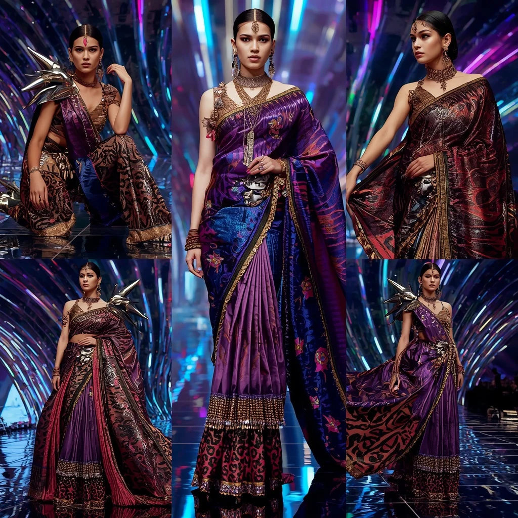 Cosmic Leopard Royale Saree with Floating Infinity Neon Nexus | Instagram Story Ai Prompt
