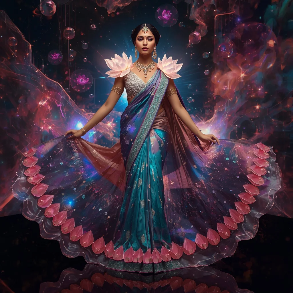 Cosmic Lotus Infinity Prism Galaxy Void Festival Saree With Light Bloom Universe Scene | Trending Prompt For Gemini Ai Girl