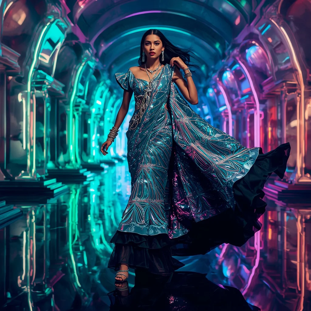 Cosmic Mirror Empress Saree with Floating Neon Infinity Temples | Ai Prompt For Reels
