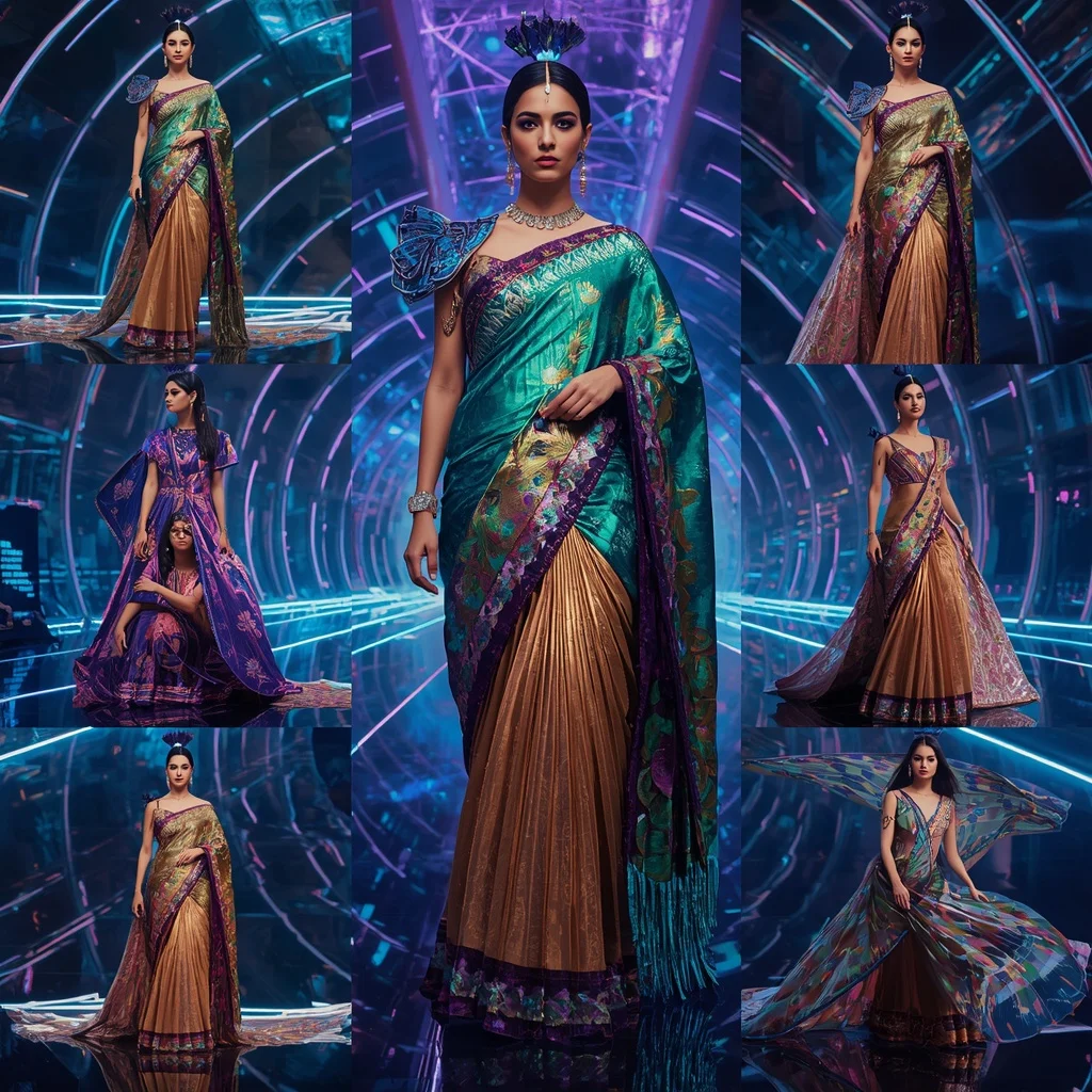Cosmic Peacock Empress Saree with Floating Infinity Neon Diamond Palace | Instagram Viral Photo Ai Prompt