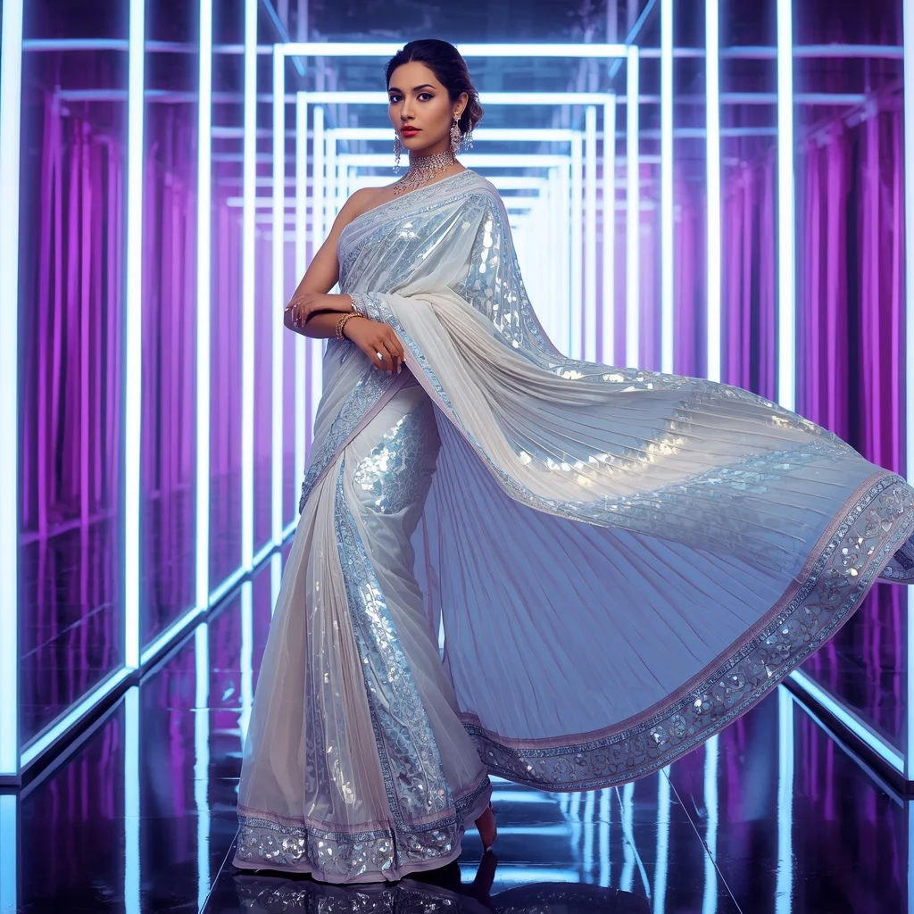 Cosmic Pearl Eclipse Saree with Dynamic Neon Prism Corridors | Instagram Post Ai Prompt