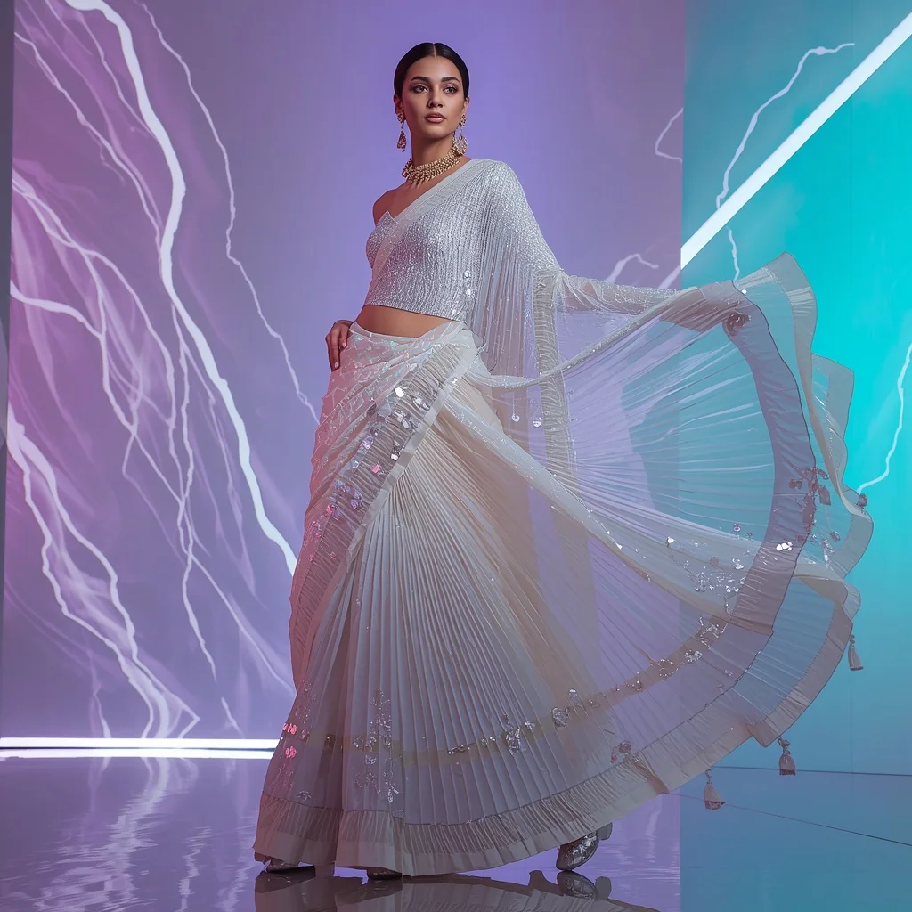 Cosmic Pearl Eclipse Saree with Dynamic Neon Prism Worlds | Prompt For Girl Photo Editing
