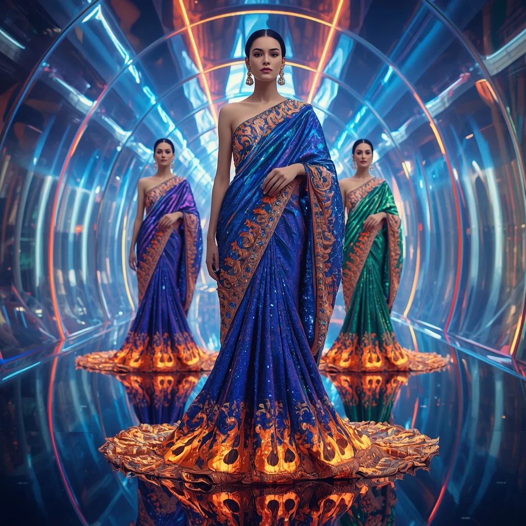 Cosmic Sapphire Inferno Saree with Reflective Fashion Clone Poses and Infinity Neon Hypergalaxy | Prompt Image