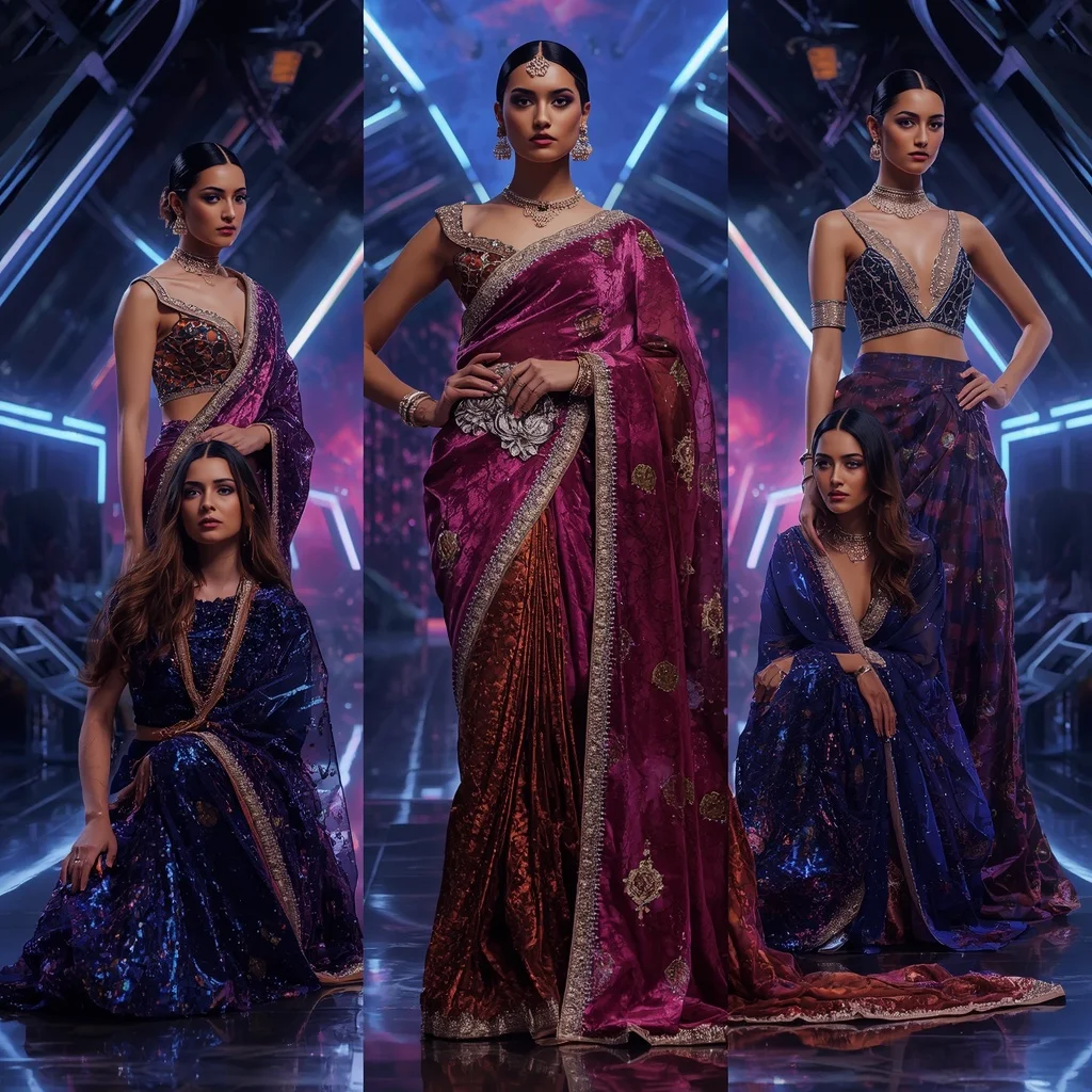 Cosmic Velvet Festival Saree with Floating Neon Throne Observatory | Gemini Saree Prompt For Instagram