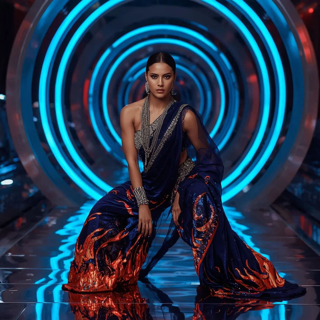 Cosmic Velvet Inferno Saree with Neon Orbit Nexus | Fashion Ai Prompt