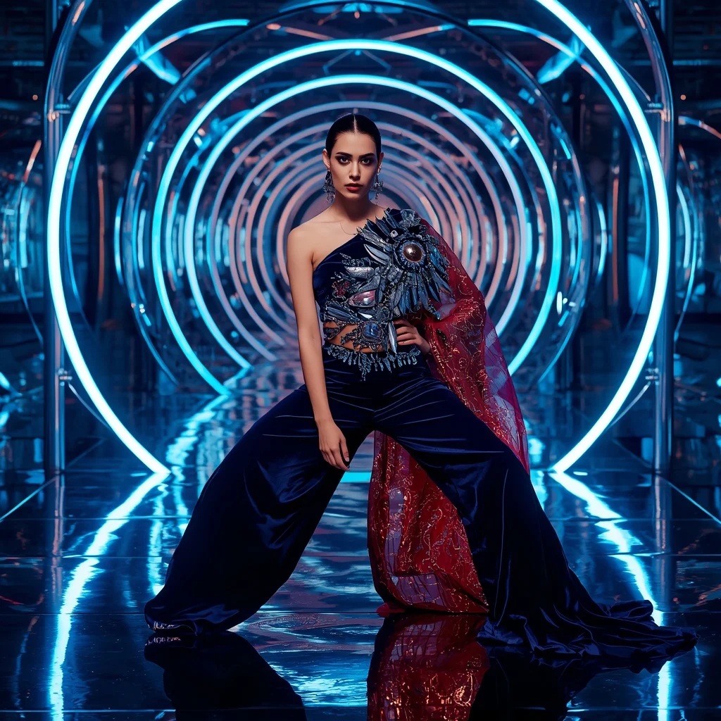 Cosmic Velvet Inferno Saree with Neon Orbit Palace | Prompt Seen Trending Girl