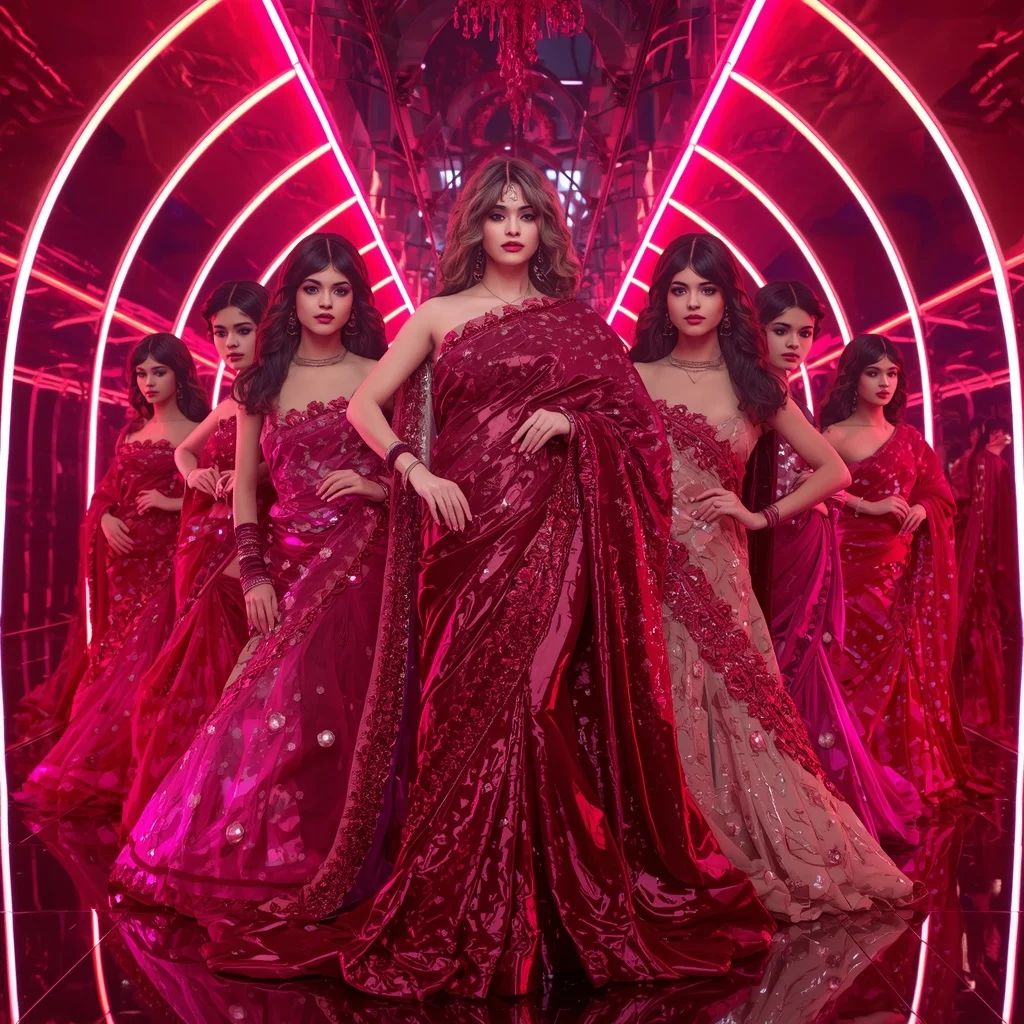 Crimson Aurora Queen Saree with Nine Dynamic Poses and Neon Reflection Palace | Desi Girl Ai Prompt