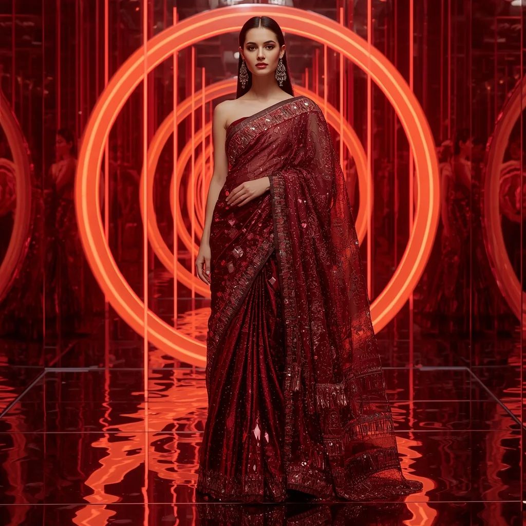 Crimson Cyber Royale Saree with Floating Neon Infinity Mirror Rings | Prompt For Gemini AI Girl Style Trending Indian