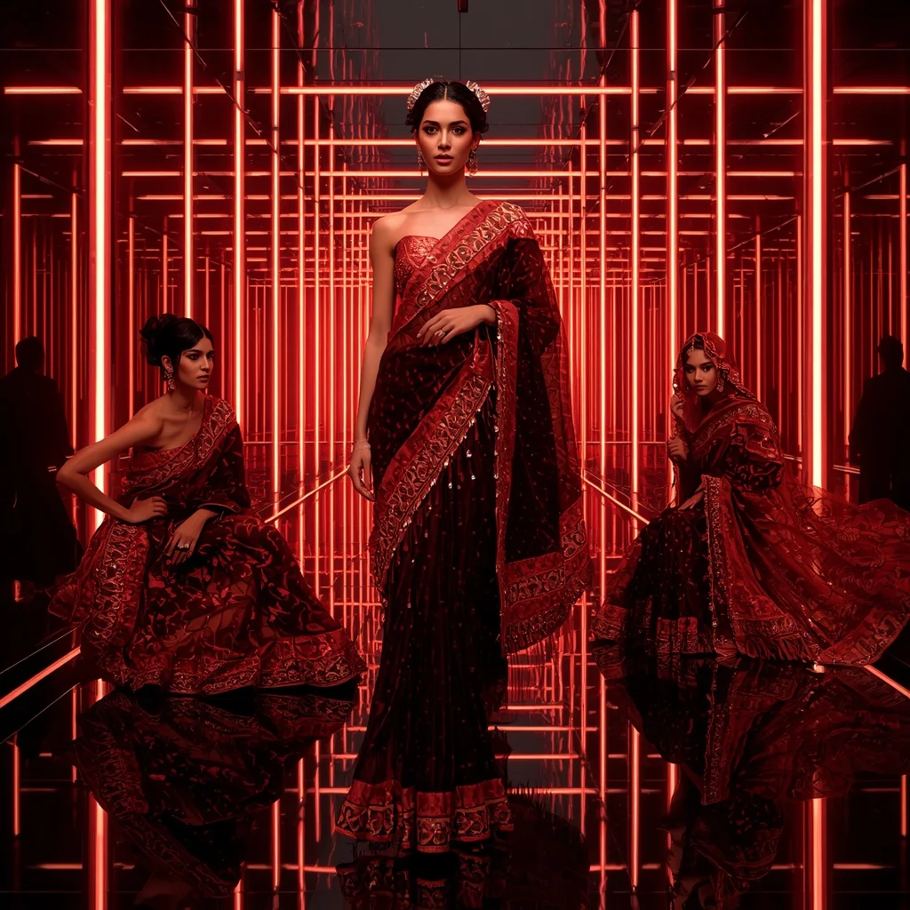 Crimson Cyber Royale Saree with Floating Neon Orbit Corridors | Ai Photo Editing Prompt