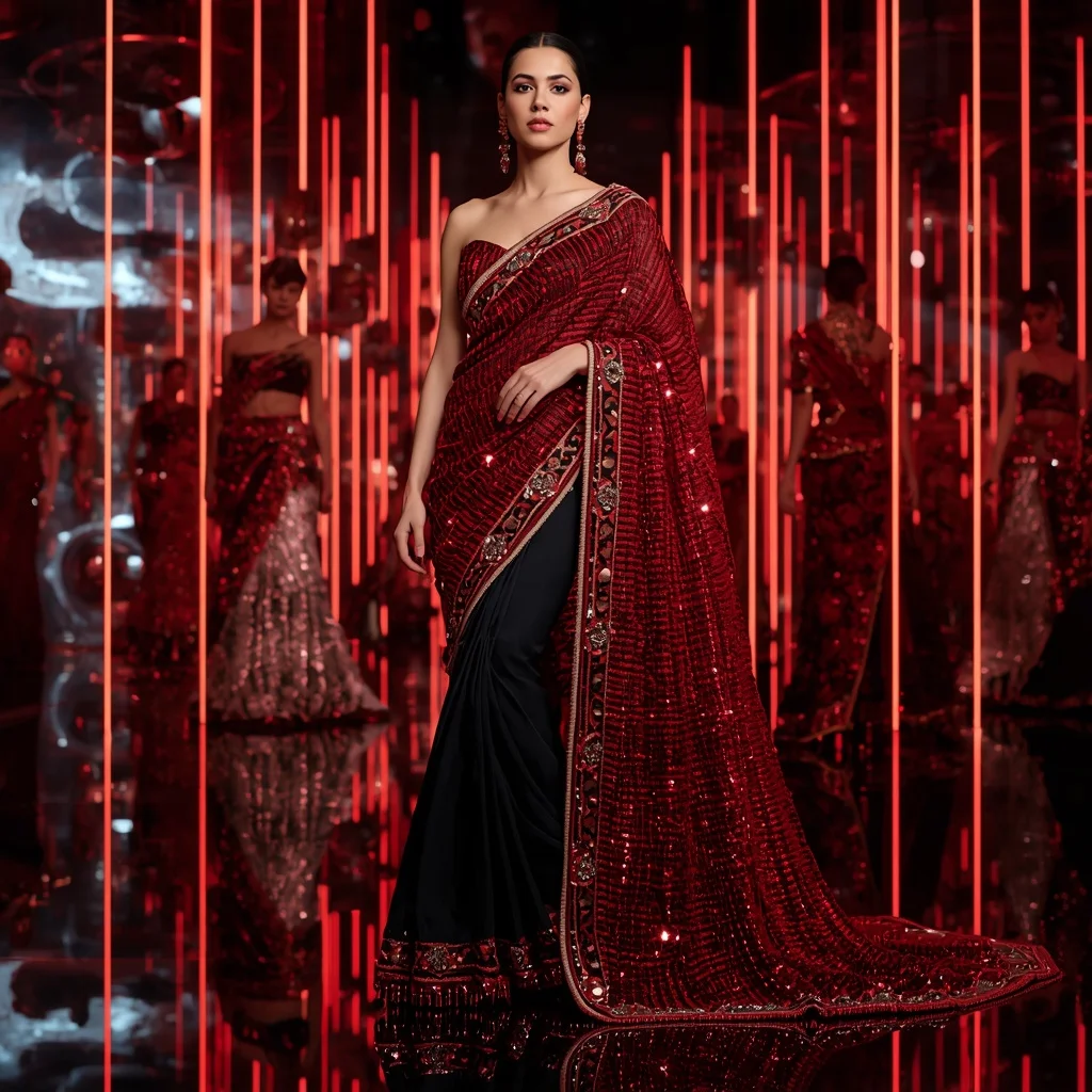 Crimson Cyber Royale Saree with Floating Neon Orbit Empire | Face Ai Prompt