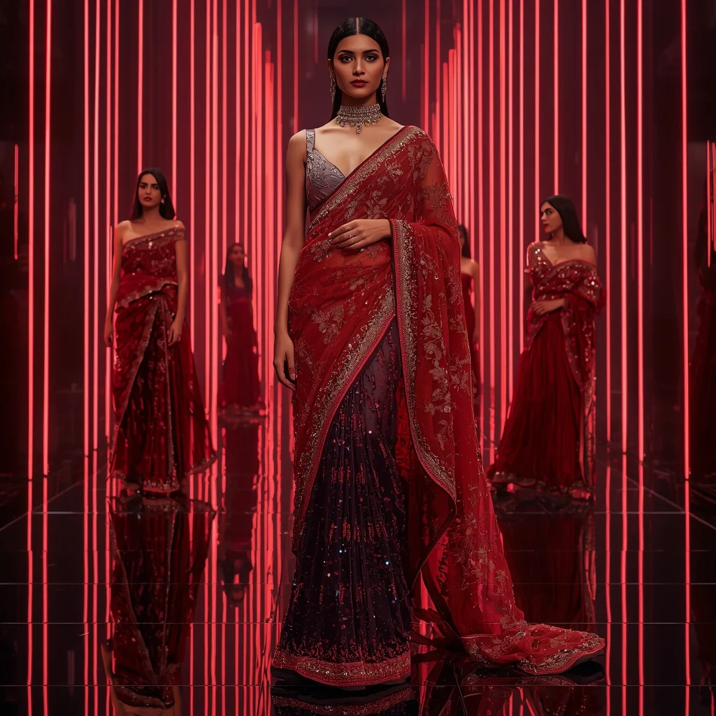 Crimson Cyber Royale Saree with Floating Neon Orbit Galaxy Temple | Festival Prompt