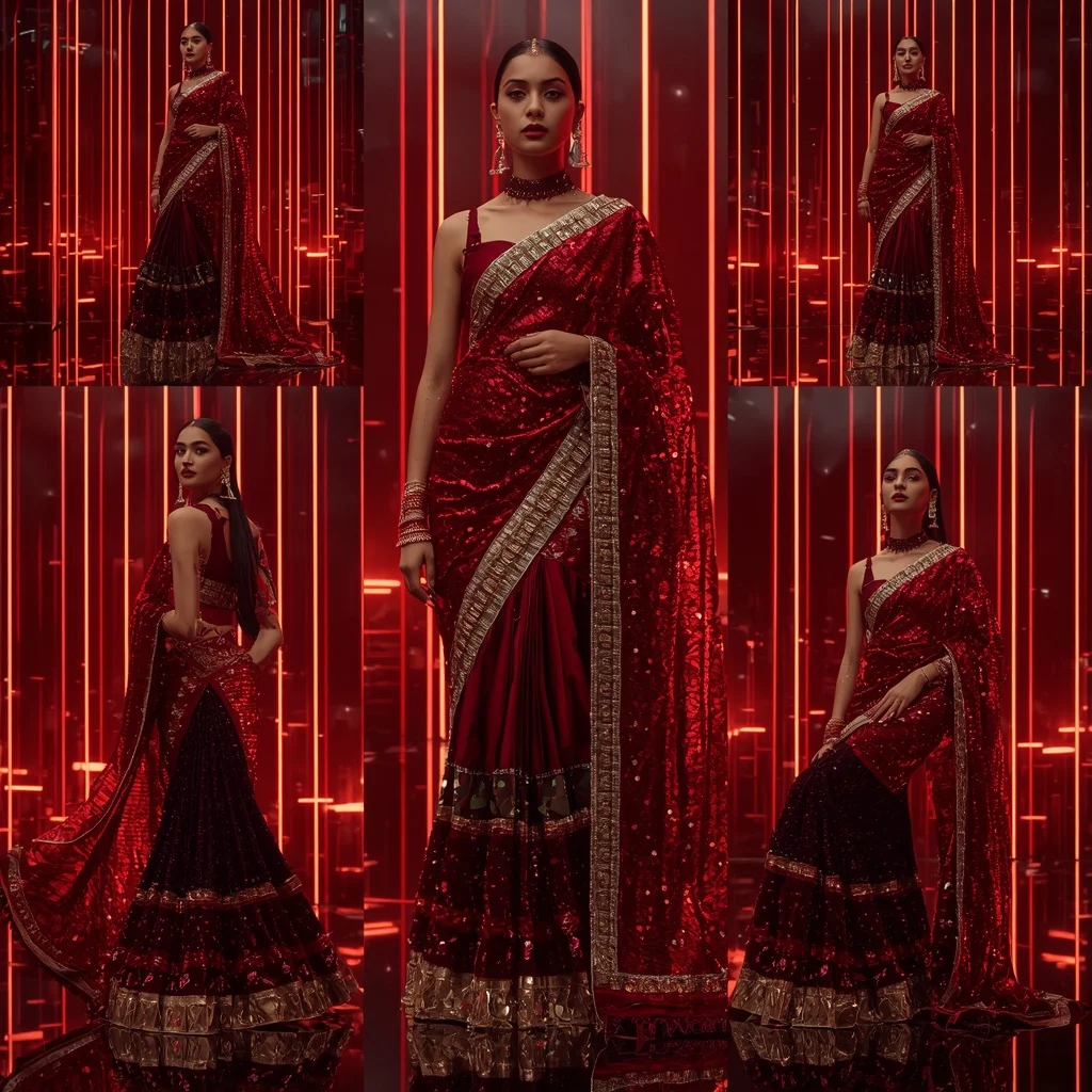 Crimson Cyber Royale Saree with Floating Neon Orbit Palace | Prompt Seen Trending Girl
