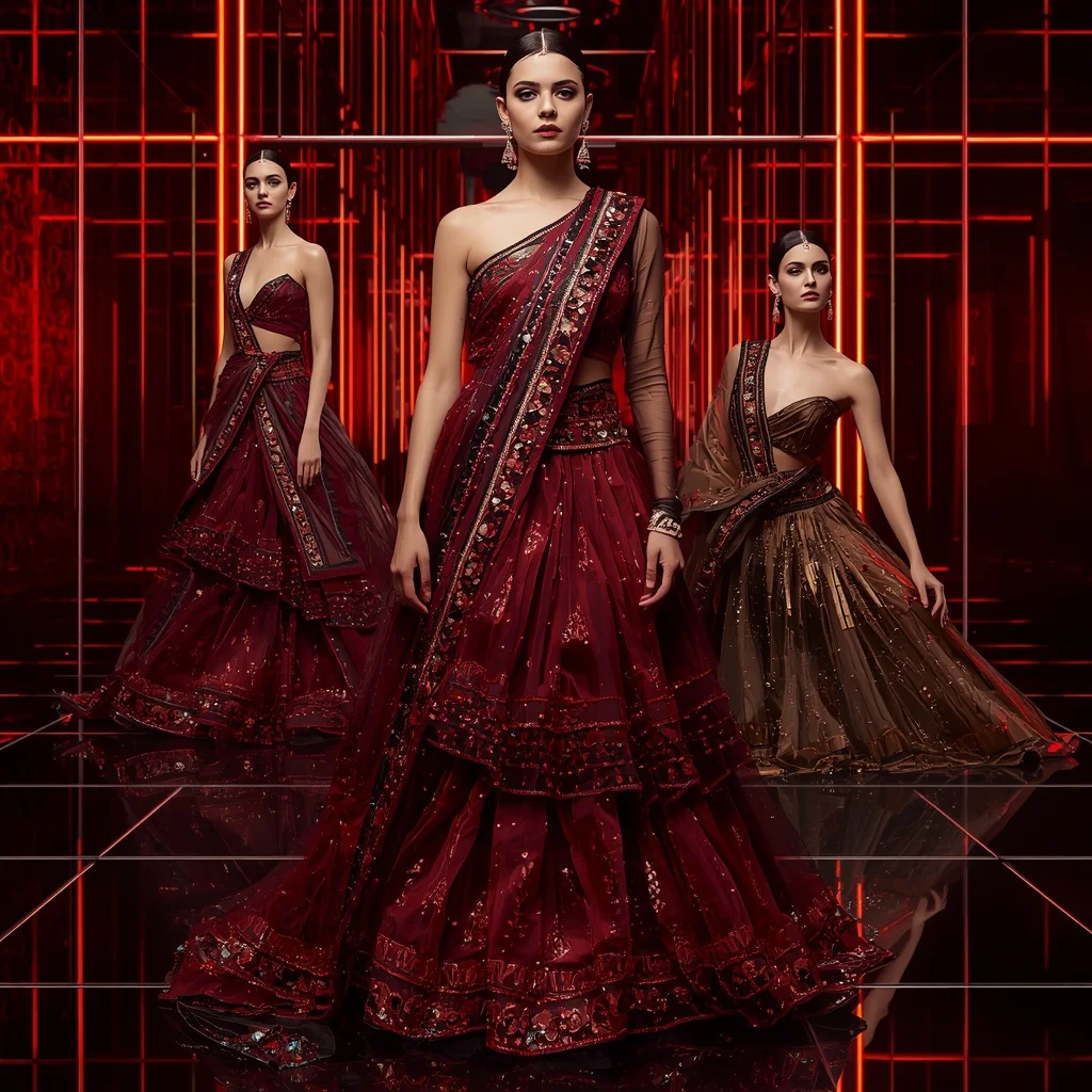 Crimson Galaxy Royale Saree with Floating Cyber Dome | Leonardo Ai Image Prompt