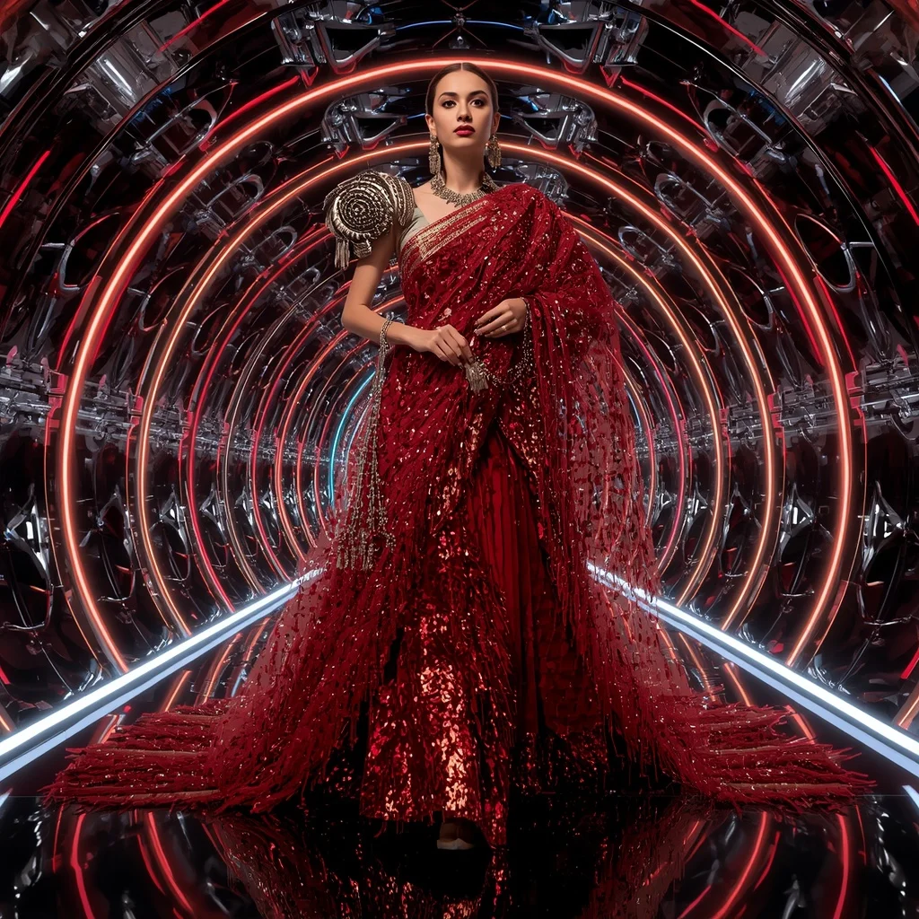 Crimson Galaxy Royale Saree with Floating Neon Infinity Passageways | Instagram Photography Ai Prompt