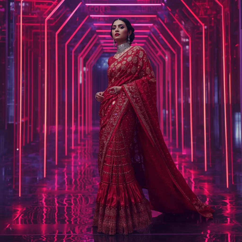 Crimson Nova Aurora Saree with Floating Infinity Neon Sanctuary Corridors | New Design Ai Prompt