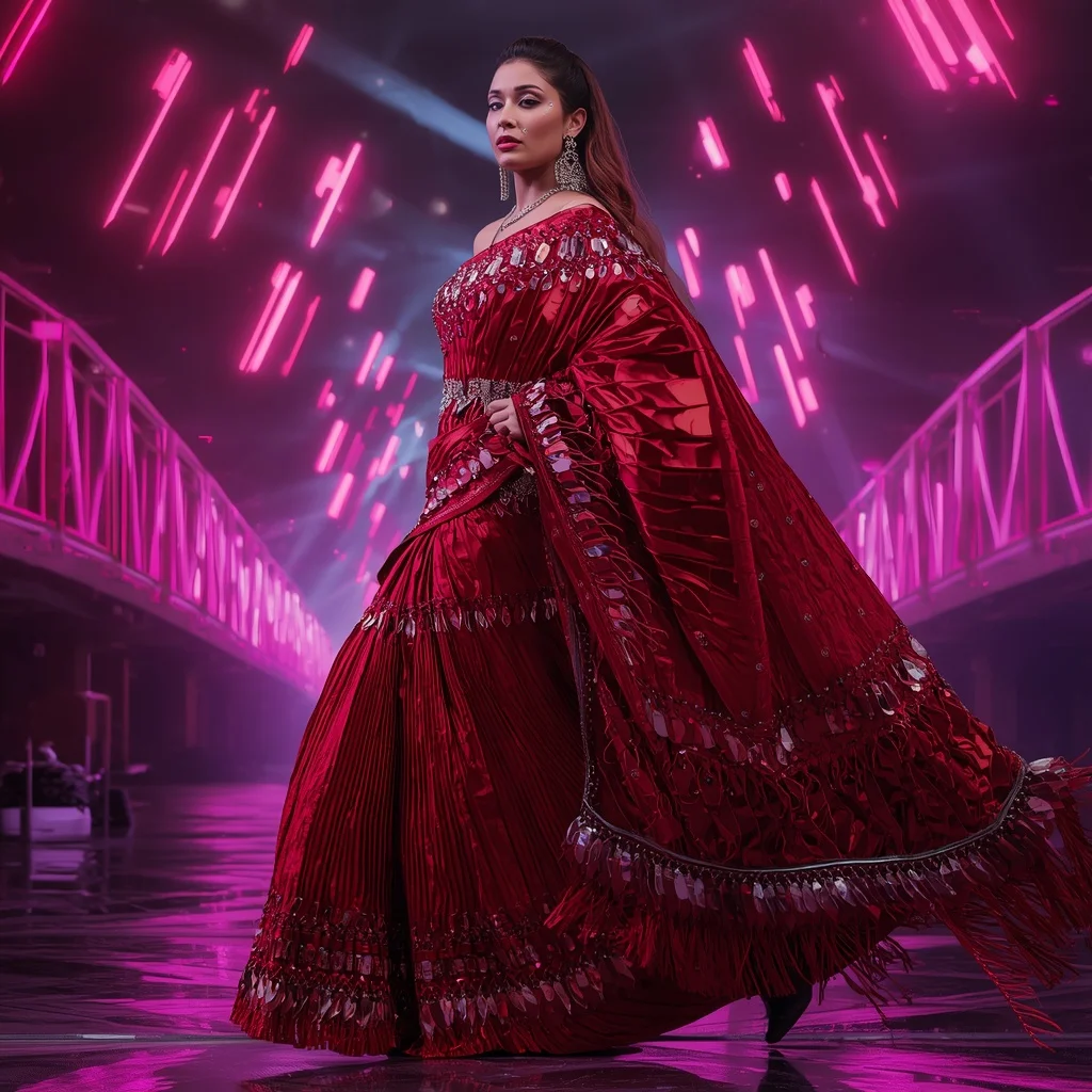 Crimson Nova Flame Saree with Floating Infinity Neon Palace Bridges | Instagram Reel Ai Prompt