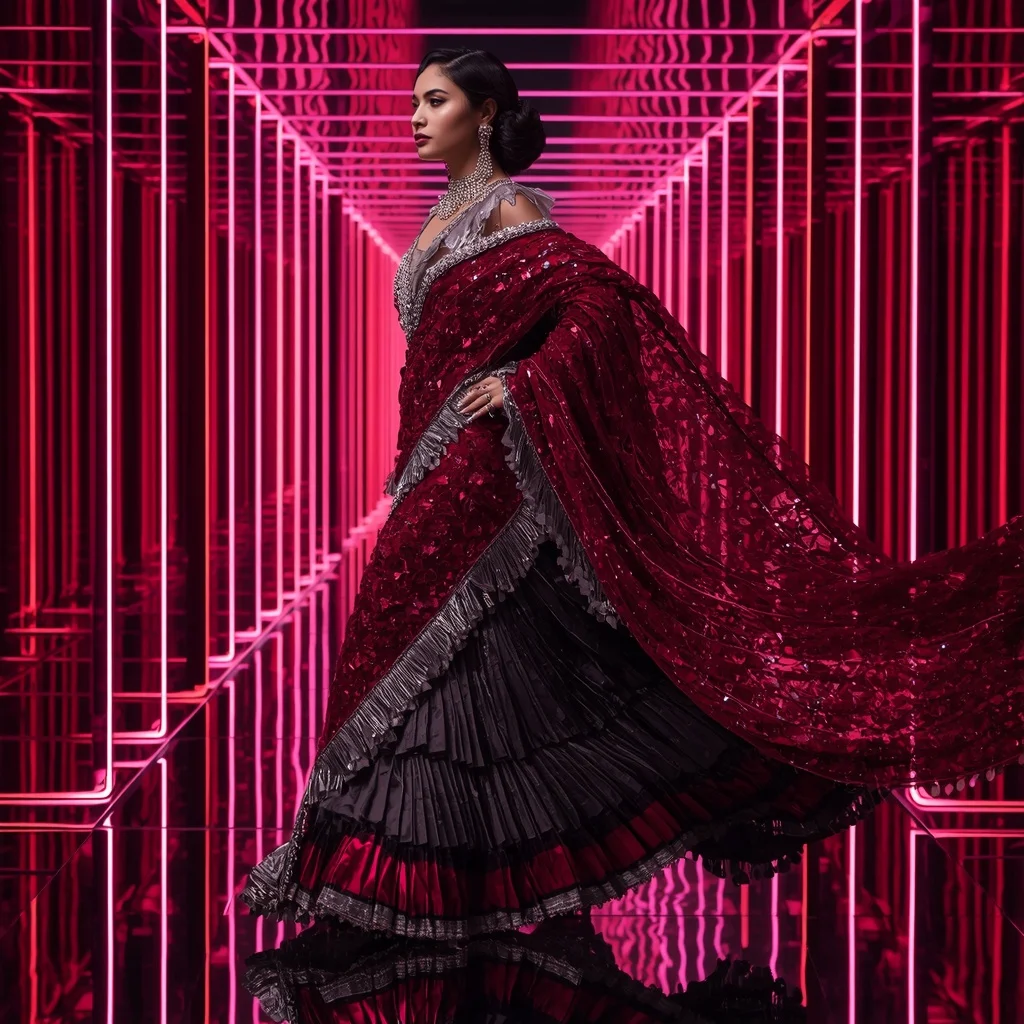 Crimson Nova Mirror Saree with Floating Infinity Corridors | Cute Ai Prompt