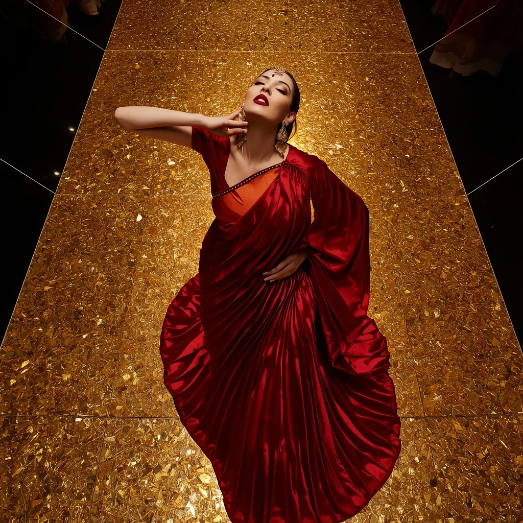 Crimson Parametric Pleat Saree – Overhead Angle with Crushed Gold Glass | Ideogram Ai Prompt