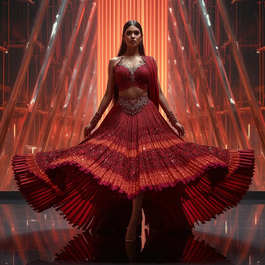 Crimson Thunder Royale Saree with Prism Reflection Fortress | 3d Animation Ai Prompt