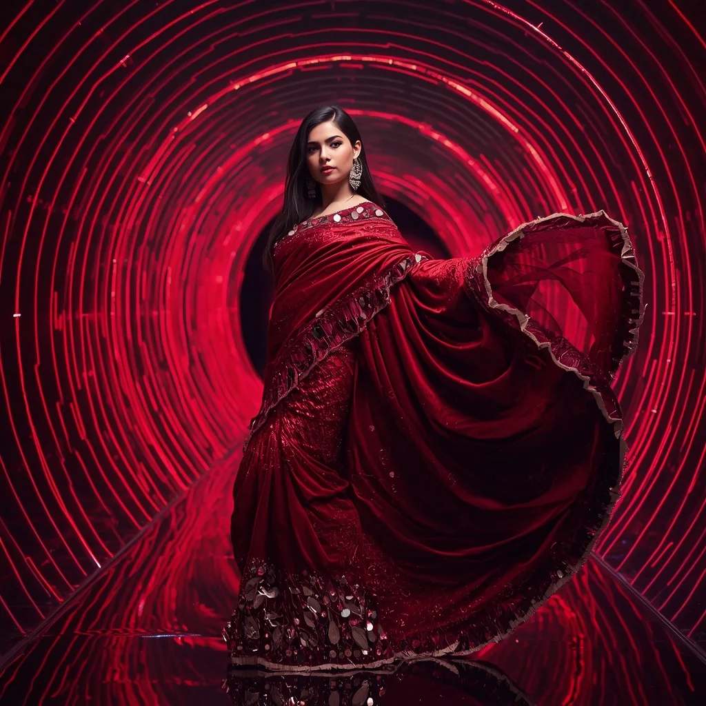 Crimson Titanium Infinity Saree with Dynamic Laser Spiral Corridors | Editing Prompt Girl Aesthetic