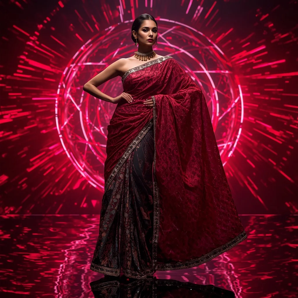 Crimson Titanium Infinity Saree with Dynamic Laser Spiral Worlds | Prompt Ai For Girl Instagram