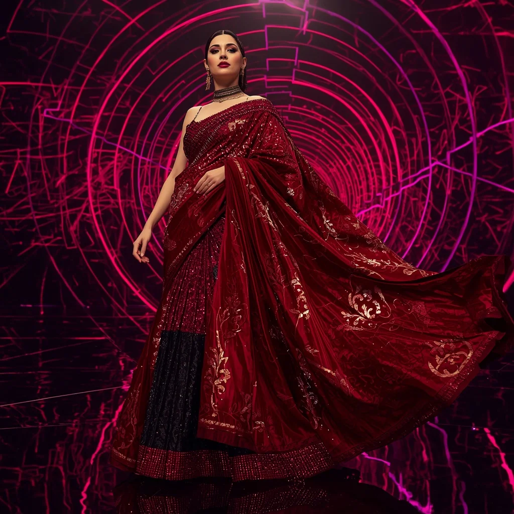Crimson Titanium Quantum Saree with Dynamic Laser Spiral Palaces | Lighting Ai Prompt
