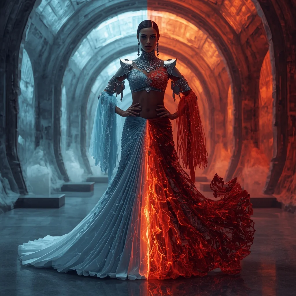 Cryo-Lava Fusion Saree with Split Element Rift | Influencers Ai Prompt