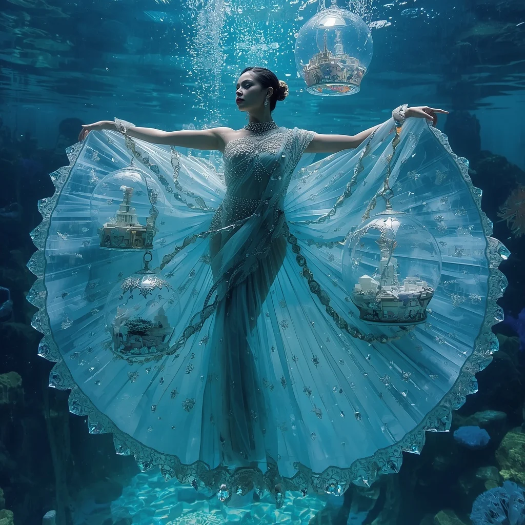 Crystal Aquarium Dome Saree with Underwater Festival Kingdom | Female Model Ai Prompt