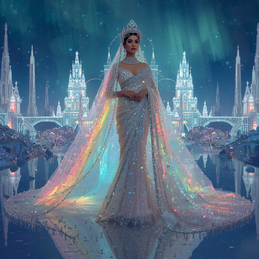 Crystal Aurora Cathedral Saree with Floating Light Kingdom Universe | Trending Ai Prompt
