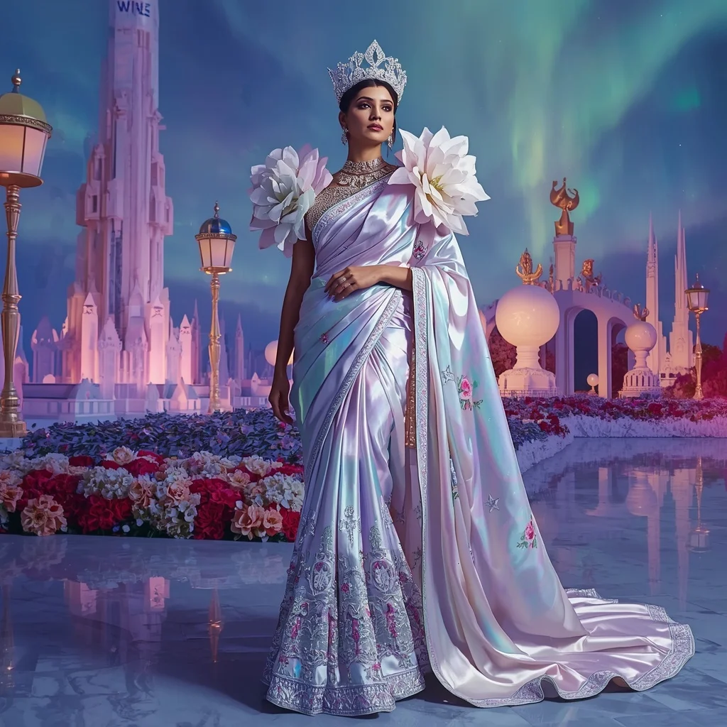 Crystal Aurora Garden Palace Saree with Polar Floral Empire | Girl Prompt