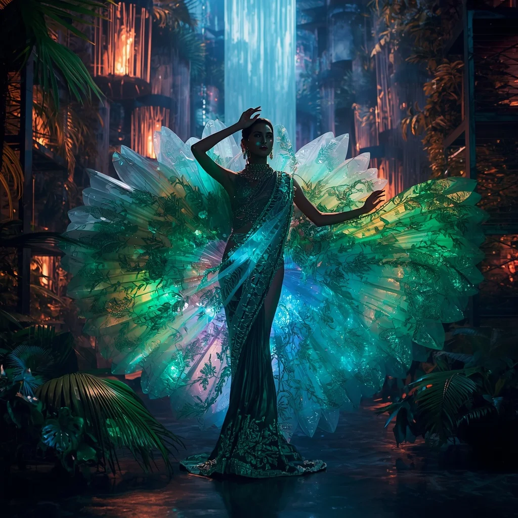 Crystal Aurora Jungle Saree with Floating Neon Nature Megaverse | Instagram Story Ai Prompt