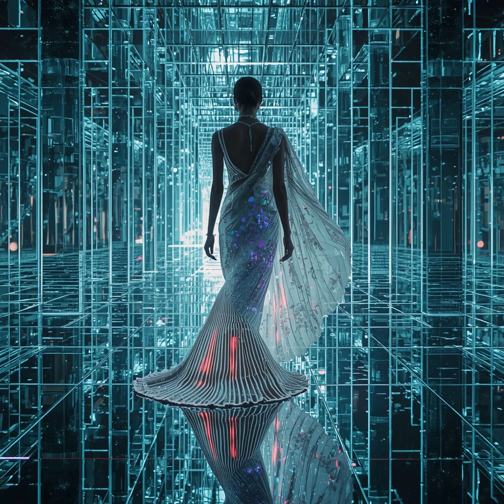 Crystal Aurora Mirror Maze Saree with Infinite Light Labyrinth Universe | Ai Gemini Photo Prompt